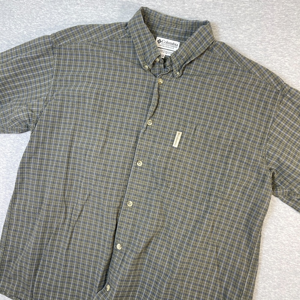VTG Columbia Shirt Mens XL Olive Green Plaid Check Vented Short Sleeve Fishing T